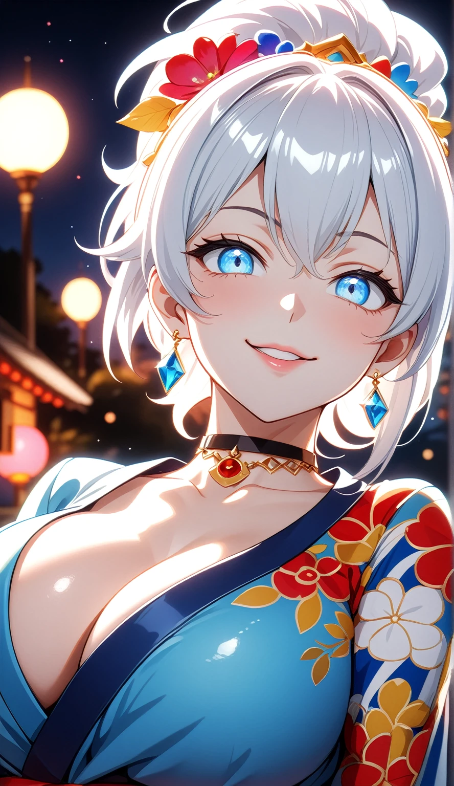 ((One personの女性)), Beautiful Face,((smirk)),((Wink:1.9)),((Touch your lips)), Laugh with your mouth wide open,((Bright red cheeks:1.4)),Shiny red lips,night,rooftop,Festive decorations,You can see the ocean, firework,Laughing with your mouth open,Glossy pink lips, lighting,((Anime style background)),masterpiece, Highest quality, so beautiful,up to date, Complex details, (Pink long nails),(ring),(bracelet),(choker),AI-generated, Complex,High resolution, Highest quality, super high quality,3D Images、3D Images,One person,Long white hair,High Ponytail,(Pale eyes),Anime woman posing for a photo, ((fine grain、White-blue colorful eyes、Shining Eyes:1.4)),(Squint your eyes:1.1),a hyperRealistic , hyperRealistic , Realistic,Anime woman with long white hair, Smooth anime CG art, A woman in a colorful kimono with gold embroidery, (Black long sleeve kimono),Red floral pattern,Long flower hair ornament,big floral earrings,Mature Body,(:1.1),expensive,Abdominal muscles,Tight waist,(Zoom up to face:1.7),Shooting from diagonally below