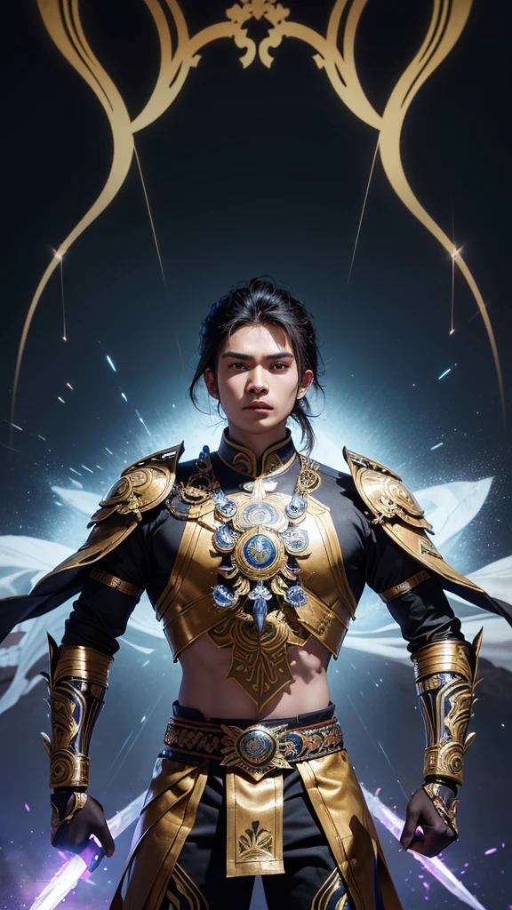 CreateCreate an image of Sisingamangaraja XII, an Indonesian national hero from Sumatera Utara, wearing a futuristic, high-tech version of traditional Batak warrior attire. His outfit should blend sleek metallic textures and glowing elements with traditional Batak patterns and designs. He should be holding a futuristic weapon, symbolizing his strength and leadership in battle.