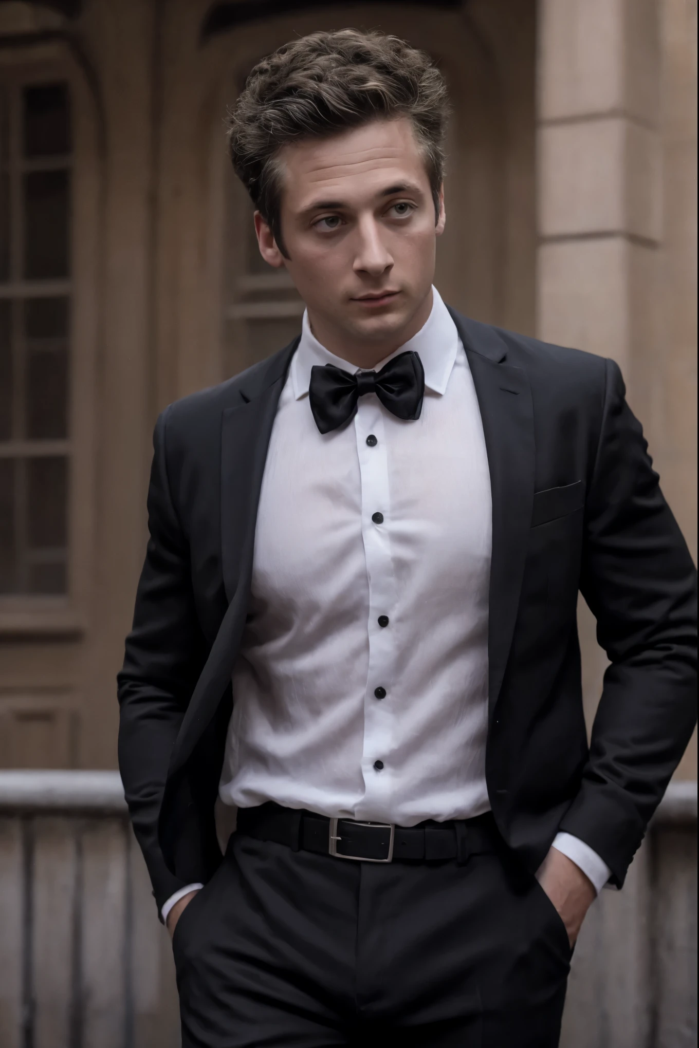 Portrait of Lip Gallagher, he is (wearing a formal suit; black , white linen shirt with three buttons undone, and loosened black bow tie:1.4), (wearing black suit pants, with black belt and silver buckle), handsome man, attractive man, handsome male, standing against a chain linked fence at night, inspired by Pablo Munoz Gomez, editorial photograph, midshot of a Lip Gallagher, by Roman Bezpalkiv, by Artur Tarnowski, maxim sukharev, by Gabor Szikszai,Highly Detailed, highly detailed