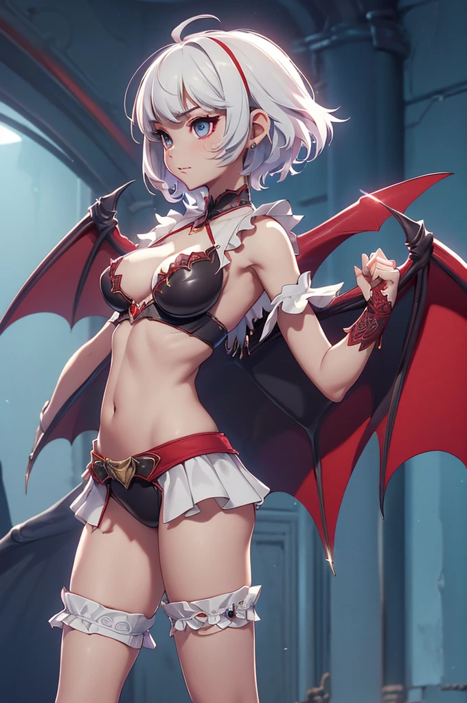 Mini morrigan aensland, (morrigan aensland), 独奏, ray tracing, 3D style, 3DMM, ((oses per photo)), ((oses au cada foto)), fully body,(Front view),(Costas Issue), (Emist on the left), show flat belly, (((oses per photo))),(very big breastsperfect ass, perfect and symmetrical eyes, (perfect handuturistic sword in hand)), ((short hair)),white clothing with textured edges, skin fair, luauas detalhadas, White thigh-high tights with trim, auestido aberto au "au", Waist slender, big legs, low water, Show legs to the top of the waist, ,((top with rip in the middle)),ultra realistic skin, realistic human eyes,ultra realistic skin,super sensual suit,(faixas au torno dos seios), colorfully,top with ruffles,(pubis with a lot of volume),(extrauamente sensual),(very sensual),(red and black thaue),(((giant bat wings))),with bat wings,love the league,(meia calca de renda au um dos lados),(meia calca de renda au um dos lados),((red decorations with LEDs))),((red lines adorning the curves of the body)),(((woman show))),((devil may cry)),((details Intricate))