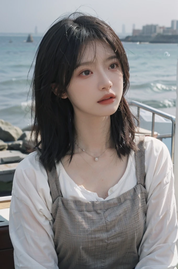 Film portrait photography, 1girls, Lipstick, (big chest:1.2), Wear a necklace, Cute expression, Exquisite makeup, black suspenders, serene, calm, (Realistic and detailed eyes, Natural skin texture, Realistic facial details), Soft dramatic lighting, Vibrant details, Detailed and detailed, Surreal, 35mm film, hazy, outdoor, Seaside background, seaside, Depth of Field, Bokeh