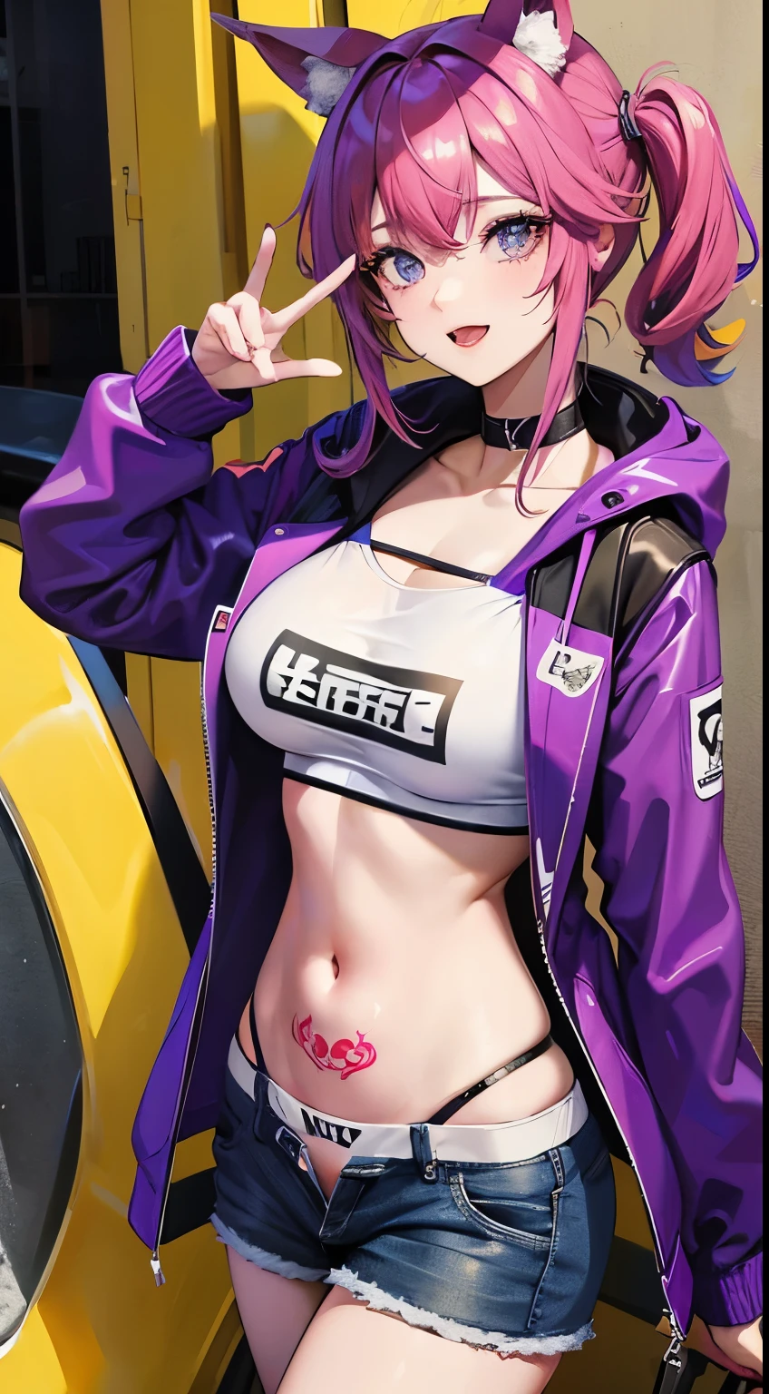 Youngh, multicolored hair, Short Purple Hair with Yellow Tips, fox ears, blue colored eyes, ssmile, open tummy, purple t-shirt, Breasts huge, red tattoos, shorts, work of art, high qualiy, 4K, High definition, bom detalhe