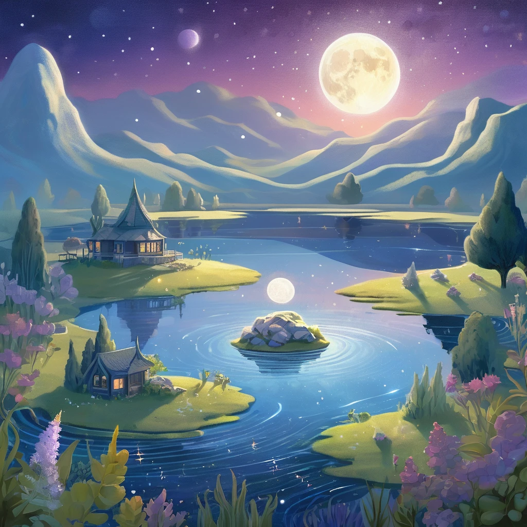 A surreal and fantastical night scene where a massive full moon dominates the sky, its bright light reflecting off a serene, crystalline lake. The landscape features whimsical elements such as floating islands and glowing plants. The moon's light casts long shadows and highlights the intricate details of the landscape. The sky is filled with twinkling stars and distant galaxies, adding a sense of otherworldly wonder. The colors are a blend of deep blues, purples, and shimmering silvers.