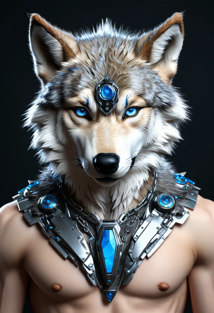 High quality, Extremely detailed, Realistic, upper body, (furry) ((Wolf)) male, blue eyes, symmetrical perfect face fine detail, cyber fashion