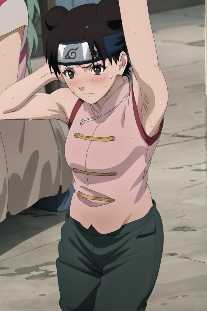 (masterpiece, 4K, Highest quality, anime style: 1.9, Detailed face, Lovely, Bold, High resolution, anime,  Curvaceous, Thighs,, (blush).Very slim belly, Cowboy Shot, (((One girl))),NARUTOanime風, Tenten,(((Sweaty))),(((armpits))),Pink Chinese dress,Dark green trousers,(((Show your armpits to your audience))),Raise one hand,(Accurate limbs)