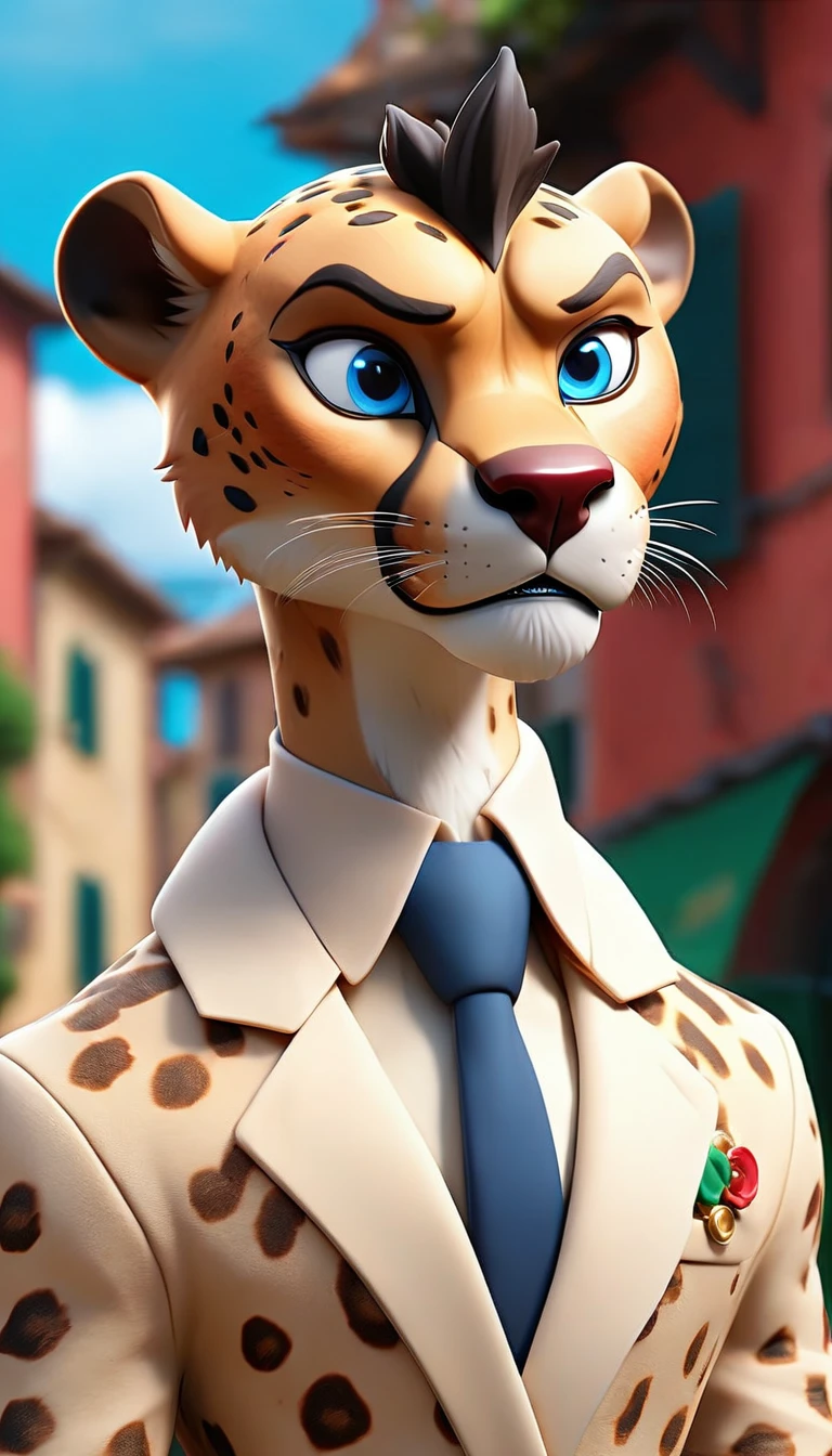 3D anime style, A cheetah man in a white jacket, blue eyes, Red tie, Standing in an Italian town