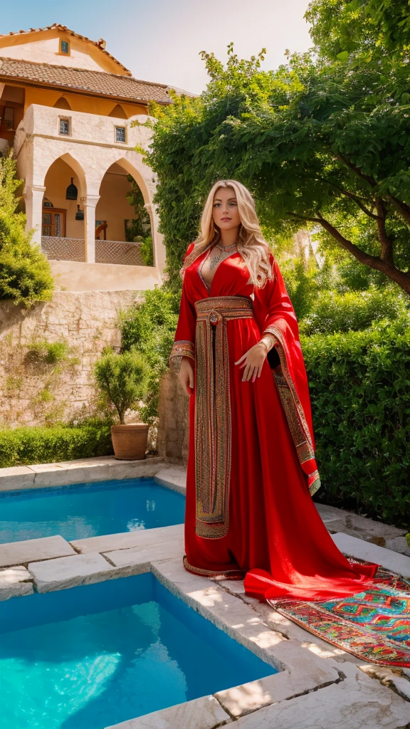 Most beautiful german blonde lady, wearing kabyle robe, kabyledress, amazigh, berber, kabyle outfit, bijoux, house with a pool background, realistic,4k, professional, red robe