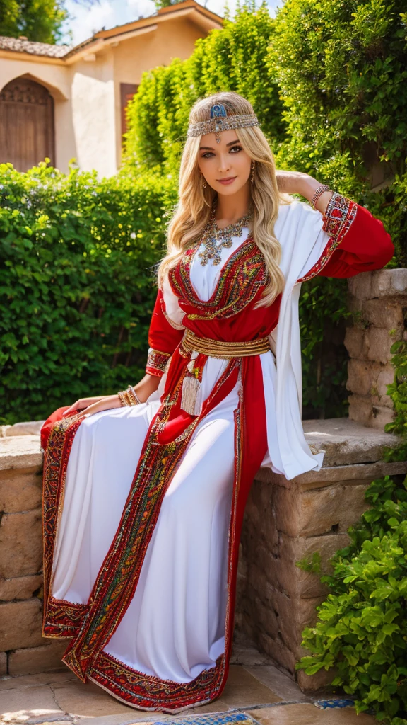 Most beautiful german blonde lady, wearing kabyle robe, kabyledress, amazigh, berber, kabyle outfit, bijoux, house with a pool background, realistic,4k, professional, red robe