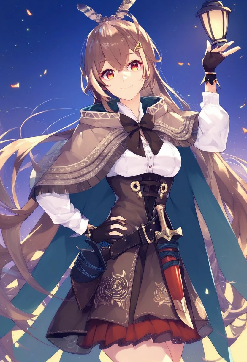 rating_safe, beautiful, nanashi_mumei, solo, looking at viewer, long hair, very long hair, smile, default_outfit, cape, weapon, knife, dagger, holding lantern, waving at viewer, hand on hip, score_9, score_8_up, score_7_up, score_6_up, score_5_up, score_4_up