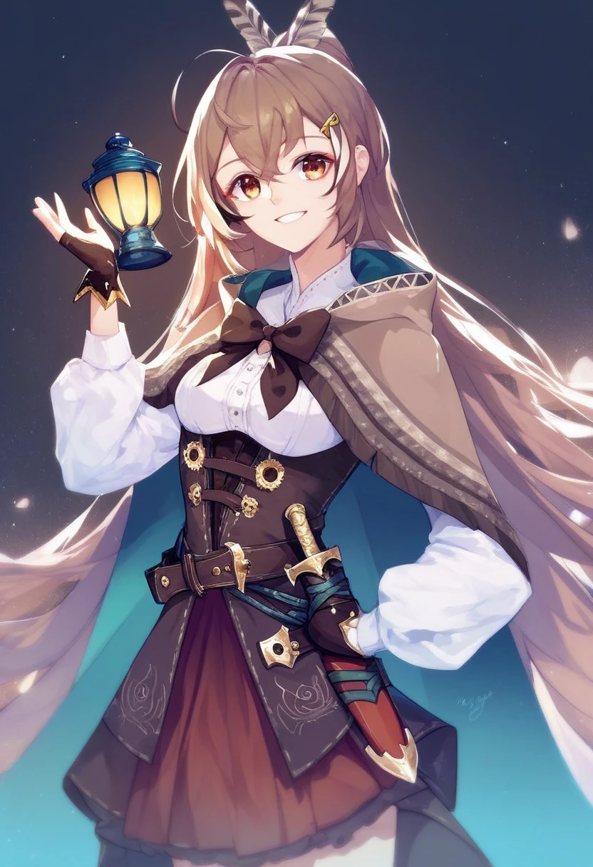 rating_safe, beautiful, nanashi_mumei, solo, looking at viewer, long hair, very long hair, smile, default_outfit, cape, weapon, knife, dagger, holding lantern, waving at viewer, hand on hip, score_9, score_8_up, score_7_up, score_6_up, score_5_up, score_4_up