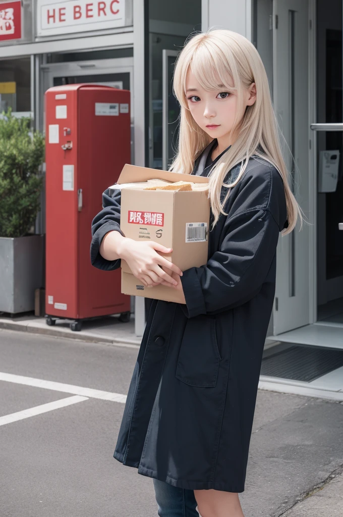 Create a ghost ((アニメ)) with a bad face, carrying a box of round cheese with both hands 