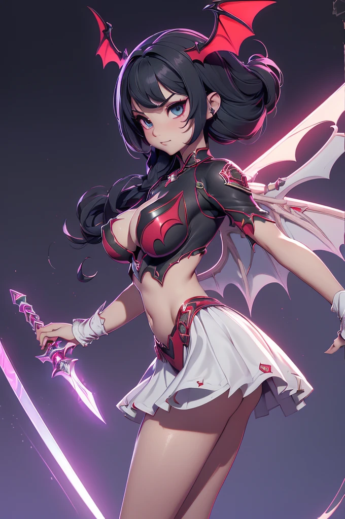 Mini Morrigan Aensland, (Morrigan Aensland), only, ray tracing, 3D style, 3dmm, ((oses per photo)), ((oses phi cada foto)), fully body,(from front view),(Costas Issue), (Emist on the left), show flat belly, (((oses per photo))),(very  perfect , Perfect and symmetrical eyes, (perfect handuturistic sword in hand)), ((shorth hair)),white clothes with textured edges, Fair Skin, luphias detalhadas, White thigh-high tights with trim, phiestido aberto phi "phi", Waist slender, large legs, low water, Show legs to the top of the waist, ,((top with tear in the middle)),ultra realistic skin, Realistic human eyes,ultra realistic skin,super  suit,(faixas phi torno dos ), fullcolor,top with ruffles,( with a lot of volume),(extrphiamente sensual),(very sensual),(red and black thphie),(((giant bat wings))),with bat wings,I love the league,(meia calca de renda phi um dos lados),(meia calca de renda phi um dos lados),((red decorations with LEDs))),((red lines adorning the curves of the body)),(((woman show))),((Star Blade)),((eve stellar blade)),((extremely sensual and daring))