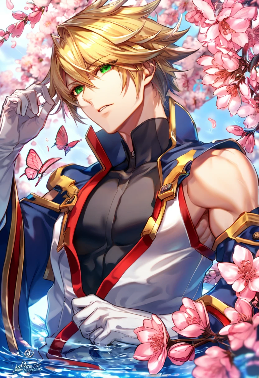 (absurdres, highres, ultra detailed, HDR) master piece, best quality, delicated features, Kisaragi Jin, short hair, stylish blond hair, expressive green eyes, Blazblue, he wears the Control Organization major uniform with a black turtleneck shirt under a white Japanese-style tunic, white gloves, jolting sapphire colored jacket with a red lining, detached sleeves, solo, sexy man, handsome, water, blossoms, pink butterflies, pink flowers