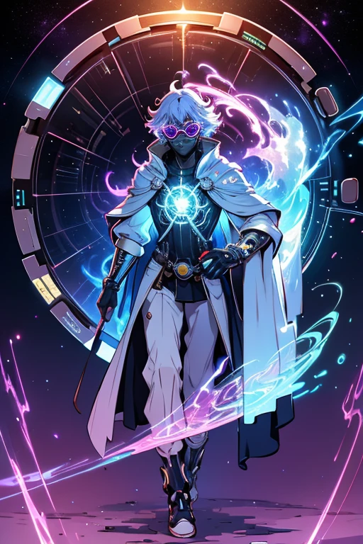 (8K), Ultra-resolução 8K, Stunning illustration of a splendid celestial, Galactic fragmentation, Ethereal Hero, Warrior Prince, (Cyberpunk transparent mask: 1.3), Cosmic glasses (Time machine in your hand: 1.7), Fluid luminous white robe , celestial explorer emerging from a portal, (ultra-detailed masterpiece: 1.7) cinematic lighting