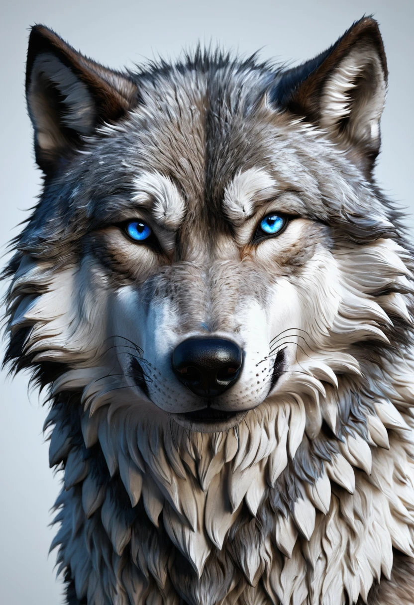 High quality, Extremely detailed, Realistic, upper body, (furry) ((Wolf)) male, blue eyes, symmetrical perfect face fine detail, cyber fashion