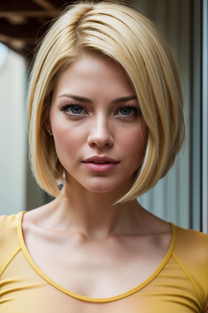 (realistic, photo-realistic:1.37),(8k, RAW photo, best quality, masterpiece:1.2), cute Katheryn Winnick (40 years old:1.5), ultra-detailed, heart-shaped pupils, physically-based rendering, ultra high res, kodakvision color, shot on Arricam LT Camera, bokeh, sharp focus, looking at viewer, photorealistic, realistic, best quality, extremely detailed face, extremely detailed eyes and face, beautiful detailed eyes, absurdres, incredibly absurdres, short lycra bodycon dress, perfect female body, fit body, slender, sexy expression, biting lip, gorgeous hair, (blonde:1.5), short short (bob haircut:1.2).