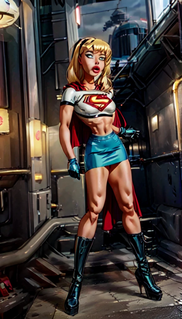 (cowboy shot), SFW, (masterpiece), (best quality: 1.0), (ultra highres: 1.0), detailed eyes, BREAK Supergirl, 1girl, long blonde hair, in the air, flying hair band, (((black crop top))), short sleeves, cape, black pencil skirt), gloves, boots BREAK (Famous, interview, among audiences)
