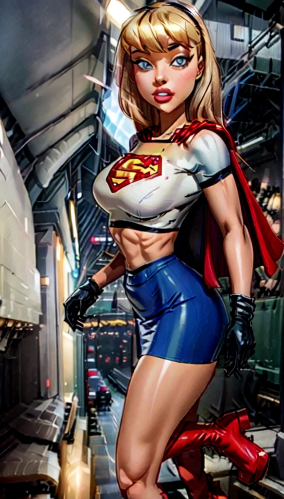 (cowboy shot), SFW, (masterpiece), (best quality: 1.0), (ultra highres: 1.0), detailed eyes, BREAK Supergirl, 1girl, long blonde hair, in the air, flying hair band, (((black crop top))), short sleeves, cape, black pencil skirt), gloves, boots BREAK (Famous, interview, among audiences)
