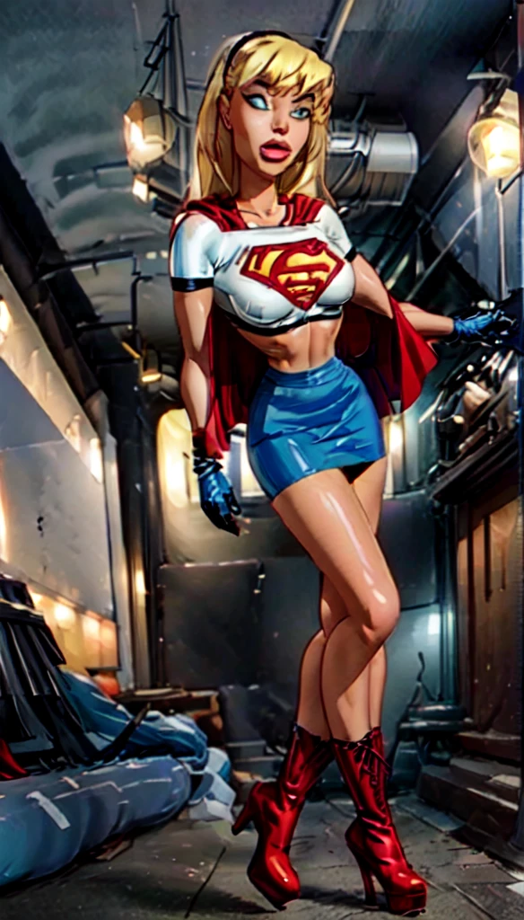 (cowboy shot), SFW, (masterpiece), (best quality: 1.0), (ultra highres: 1.0), detailed eyes, BREAK Supergirl, 1girl, long blonde hair, in the air, flying hair band, (((black crop top))), short sleeves, cape, black pencil skirt), gloves, boots BREAK (Famous, interview, among audiences)
