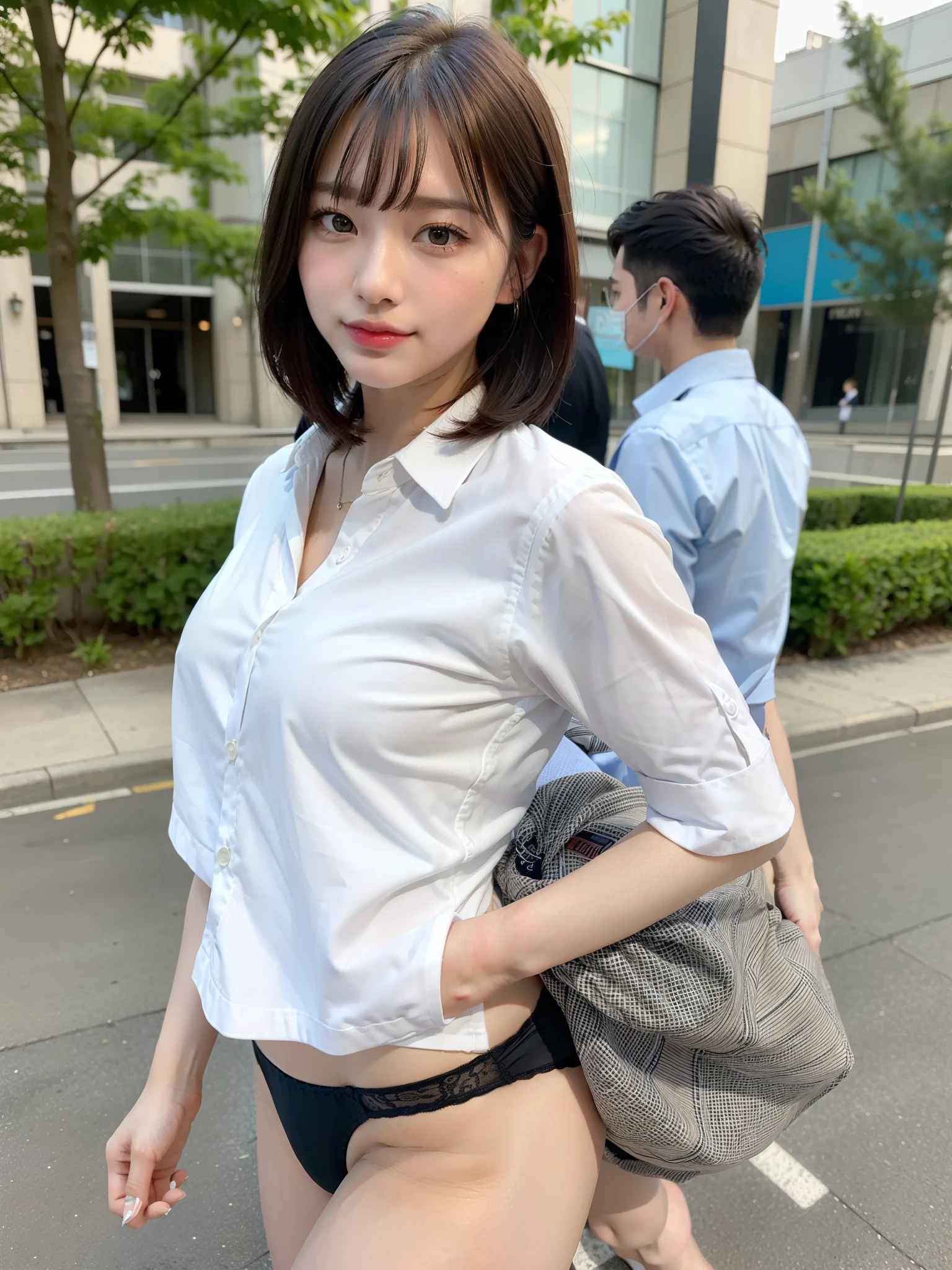 ((Best of the highest quality, 8k, Masterpiece, raw photo: 1.2)), (Sharp focus: 1.2), (1 AESPA, slim body type female, 21 y/o: 1.1), (Solo: 1.28), (realistic, photo-realistic:1.37), face focus, cute face, finely eyes, (droopy eyes: 1.32), (Emphasize prominent aegyo-sal with bright: 1.2), shimmering eyeshadow applied under the lower lash line, paired with thick, (small breasts, flat chest, Thigh: 1.3), (short bob hair, bangs: 1.28), (wearing business shirt, panties: 1.32), (ribbon: 1.1), walking terrace dining, flower, (from behind: 1.16)