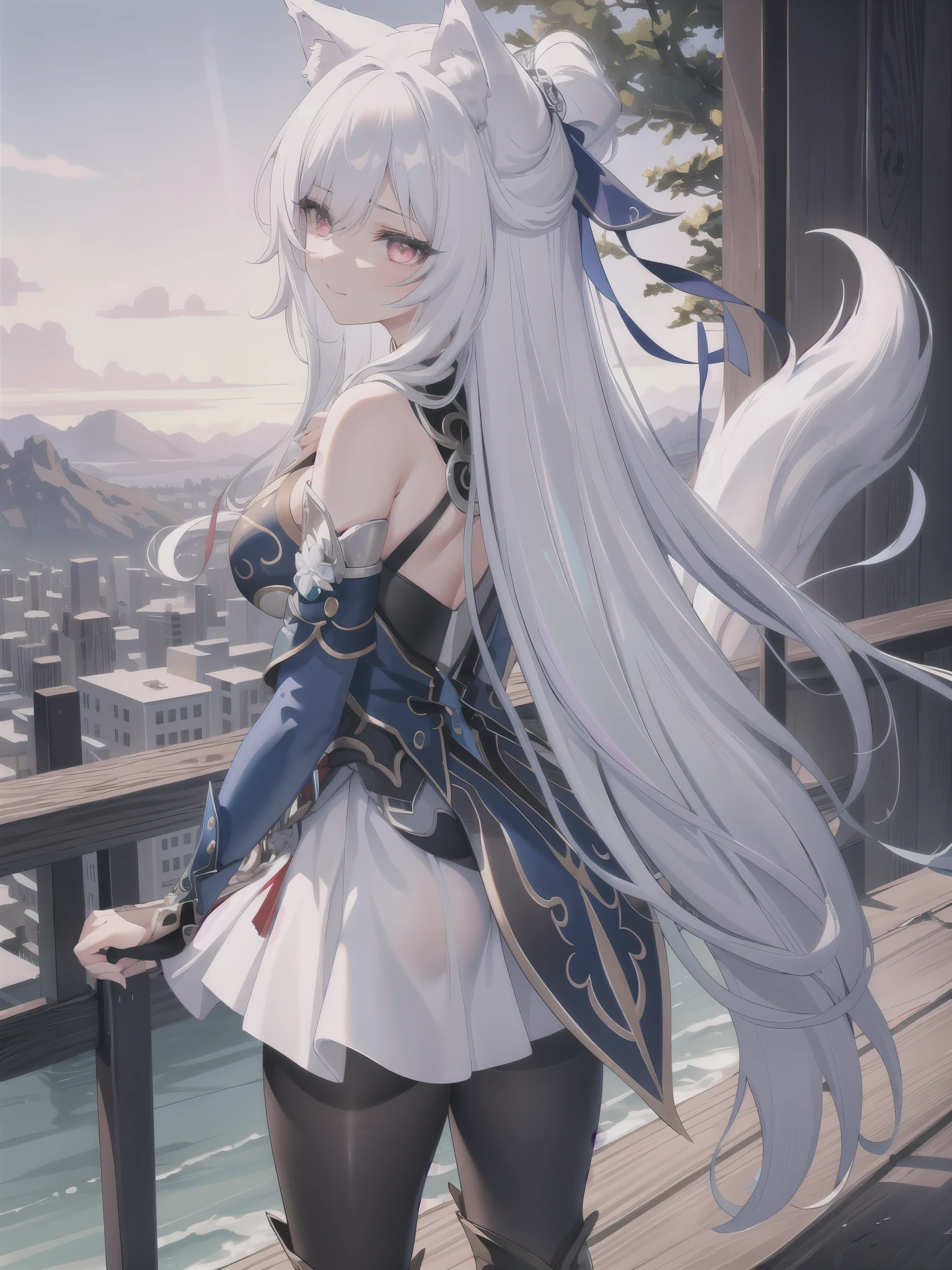 (extremely detailed CG, best qualityer:1.1), 1 girl, face perfect, shiny pupils, (beautiful finely detailed eyes:1.1), ((wolf ear)), ((Wolf tail)), with his back looking at the landscape from the top of the mountain, Broad Hips, narrow waisted, beautiful smile, tissue, printed pantyhose, pom pom (badass clothing), duffel bag, boots with leather trim, elbow gloves, bottom-up view