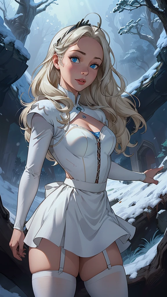 (La mejor calidad,A high resolution,Ultra - detallado,actual),snow white, vestido corto azul, medias white muslo, cabello largo amarillo, ,(Fondo de ruinas de mazmorra en ruinas bosque tenebroso cyberpunk :1.4 ), More detailed 8K.motor irreal:1.4,UHD,La mejor calidad:1.4, fotorrealista:1.4, textura de la piel:1.4, obra maestra:1.8,obra-prima, mejor calidad,objeto Objeto], (detailed face features:1.3),(Las proporciones correctas),  (pose vaquero),(snow white:1.4), (snow white V2.1), (perfect anatomy :1.4),( no mutaciones), (snow white Disney:1.4), (dynamic cowboy pose), (face detailed :1.4), (mostrando panties),(white stockings and suspenders), (cinematic lighting :1.4), score_9, score_8_up, score_7_up, score_6_up, rating_explicit, 1girl, ((18YO:1.2)), Adult, full lips, big clear eyes, blue eyes, ((black hair:1)), (long wavy hair: 1.2),( orejas de coneja white:1.4 ), (forest background big trees), (skirt lifted by itself: 1.1), (skirt lift: 1.3), (showing white panties: 1.3),score_9, score_8_up, score_7_up, score_6_up, rating_explicit, 1girl, ((18YO:1.2)), Adult, full lips, big clear eyes,  blue eyes, ((blond hair:1)), (long wavy hair: 1.2),(face detailed V2.1) 