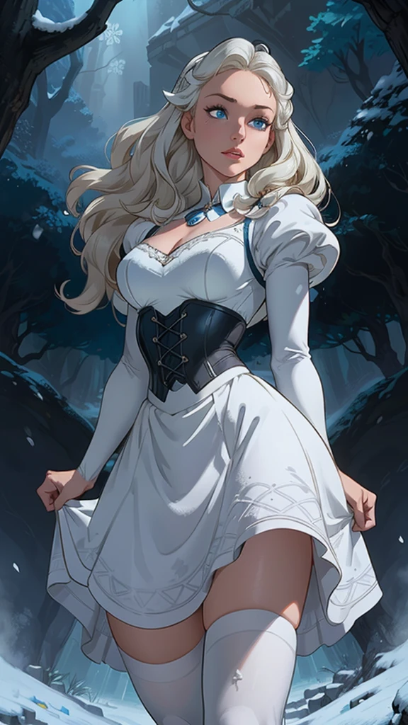 (La mejor calidad,A high resolution,Ultra - detallado,actual),snow white, vestido corto azul, medias white muslo, cabello largo amarillo, ,(Fondo de ruinas de mazmorra en ruinas bosque tenebroso cyberpunk :1.4 ), More detailed 8K.motor irreal:1.4,UHD,La mejor calidad:1.4, fotorrealista:1.4, textura de la piel:1.4, obra maestra:1.8,obra-prima, mejor calidad,objeto Objeto], (detailed face features:1.3),(Las proporciones correctas),  (pose vaquero),(snow white:1.4), (snow white V2.1), (perfect anatomy :1.4),( no mutaciones), (snow white Disney:1.4), (dynamic cowboy pose), (face detailed :1.4), (mostrando panties),(white stockings and suspenders), (cinematic lighting :1.4), score_9, score_8_up, score_7_up, score_6_up, rating_explicit, 1girl, ((18YO:1.2)), Adult, full lips, big clear eyes, blue eyes, ((black hair:1)), (long wavy hair: 1.2),( orejas de coneja white:1.4 ), (forest background big trees), (skirt lifted by itself: 1.1), (skirt lift: 1.3), (showing white panties: 1.3),score_9, score_8_up, score_7_up, score_6_up, rating_explicit, 1girl, ((18YO:1.2)), Adult, full lips, big clear eyes,  blue eyes, ((blond hair:1)), (long wavy hair: 1.2),(face detailed V2.1) 
