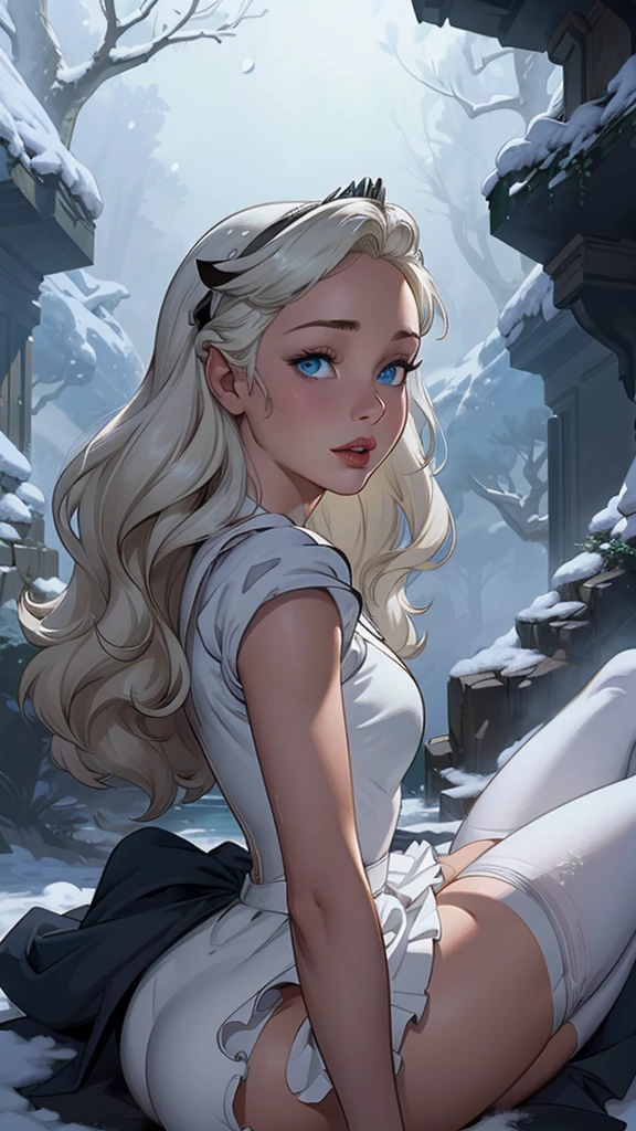 (La mejor calidad,A high resolution,Ultra - detallado,actual),snow white, vestido corto azul, medias white muslo, cabello largo amarillo, ,(Fondo de ruinas de mazmorra en ruinas bosque tenebroso cyberpunk :1.4 ), More detailed 8K.motor irreal:1.4,UHD,La mejor calidad:1.4, fotorrealista:1.4, textura de la piel:1.4, obra maestra:1.8,obra-prima, mejor calidad,objeto Objeto], (detailed face features:1.3),(Las proporciones correctas),  (pose vaquero),(snow white:1.4), (snow white V2.1), (perfect anatomy :1.4),( no mutaciones), (snow white Disney:1.4), (dynamic cowboy pose), (face detailed :1.4), (mostrando panties),(white stockings and suspenders), (cinematic lighting :1.4), score_9, score_8_up, score_7_up, score_6_up, rating_explicit, 1girl, ((18YO:1.2)), Adult, full lips, big clear eyes, blue eyes, ((black hair:1)), (long wavy hair: 1.2),( orejas de coneja white:1.4 ), (forest background big trees), (skirt lifted by itself: 1.1), (skirt lift: 1.3), (showing white panties: 1.3),score_9, score_8_up, score_7_up, score_6_up, rating_explicit, 1girl, ((18YO:1.2)), Adult, full lips, big clear eyes,  blue eyes, ((blond hair:1)), (long wavy hair: 1.2),(face detailed V2.1) 