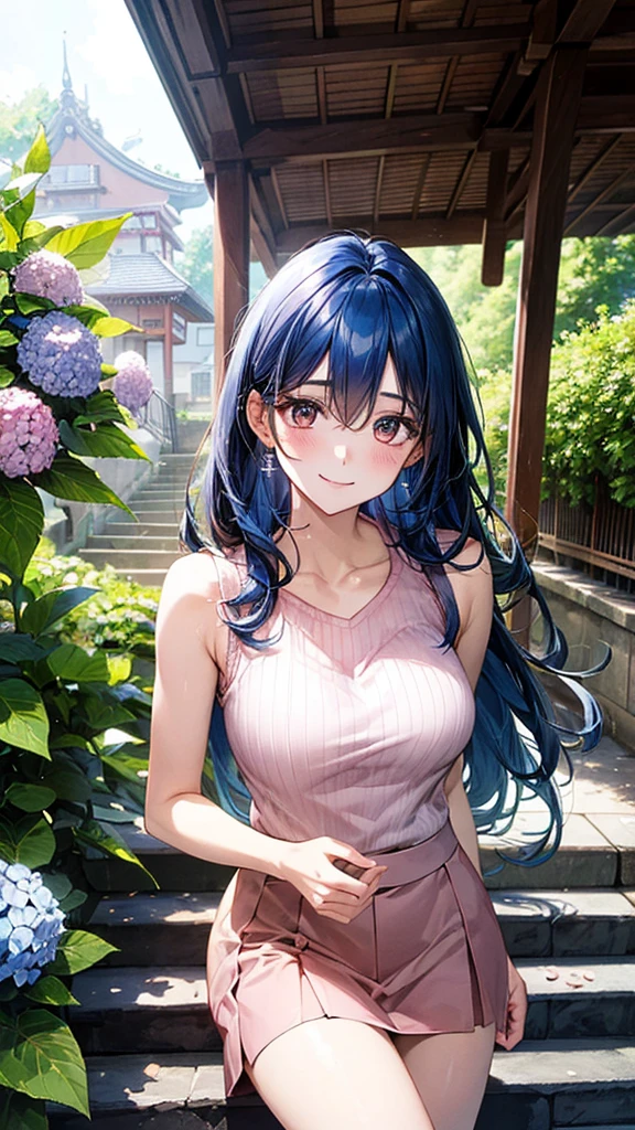 ((Highest quality)), ((High resolution)), ((masterpiece)), (detailed), (photograph),
View your viewers, Cowboy Shot, Written boundary depth, Anatomically correct, Mature Woman, Perfect Face, Cute and symmetrical face, Shiny skin,
(Long Hair, Blue Hair), Hair between the eyes, Chestnut brown eyes, Long eyelashes, (Big Breasts:0.9),
Beautiful Hair, Beautiful Face, Beautiful details, Beautiful clavicle, Beautiful body, Beautiful breasts, Beautiful thighs, Beautiful legs,
(Pink sleeveless sweater, White flared skirt),
(Beautiful views), Sun shower, Hydrangea, Temple precincts, Long staircase, stand in the middle of the stairs, (Cute Smile),