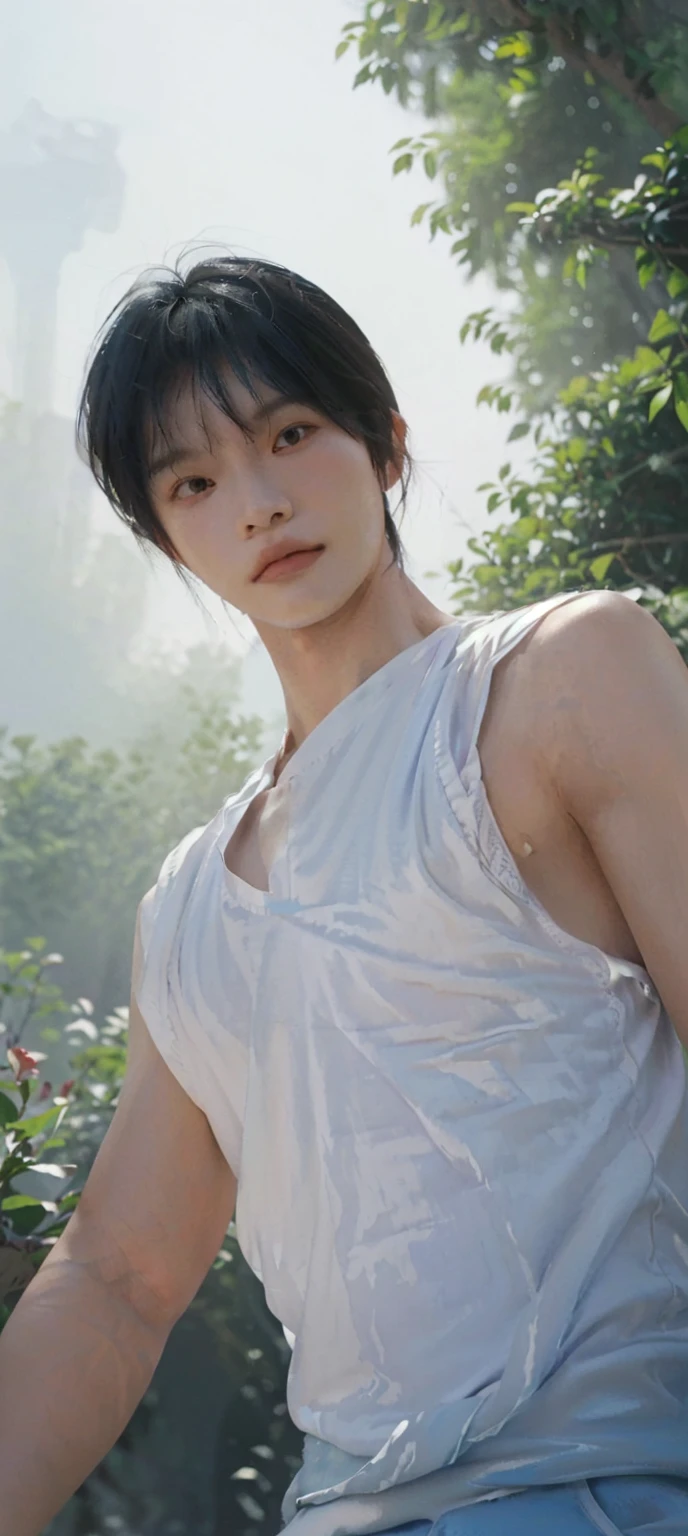 arafed asian man in white shirt posing for a picture, south korean male, yanjun chengt, jinyoung shin, hot with shining sun, wearing a low cut tanktop, korean muscle boy 2 1 years old, mid-shot of a hunky, cai xukun, kim doyoung, open v chest clothes, hong june hyung, handsome chad chin,A soft illustration bathed in twilight hues of cool blues and purples, creating an ethereal dreamland. The artwork, in the style of Guweiz, The romanticism art style emphasizes the tranquil beauty of this fantasy realm, inviting viewers into a world of wonder and mystique, all highlighted by a glowing, soft aesthetic,
((depth of field)),((open and vast place)),telephoto lens,(((close-up))),(chest focus),(((perspective from below))),(simple background),(simple color),((blurry)),(horizon),
1boy,cool guy,peaceful,((floating short hair)),((((bangs)))),(((soft clean hair))),(((silky skin))) ,((smooth skin)) ,clean body,(clean face),((smooth face)),(natural pretty face),((adam's apple)),((looking up)),((solo)),(teenage),(wind),(chin up),(hopeful),
((skin tight open shirt)),(mini white shirt),((see-through)),
(narrow waist),slender waist,muscular,(broad shoulders),((huge wide chest)),(((huge plump chest))),((bursting chest)),(((huge muscle ))),(((hyper pecs))),(bodybuilder),((beautiful cleavage)),