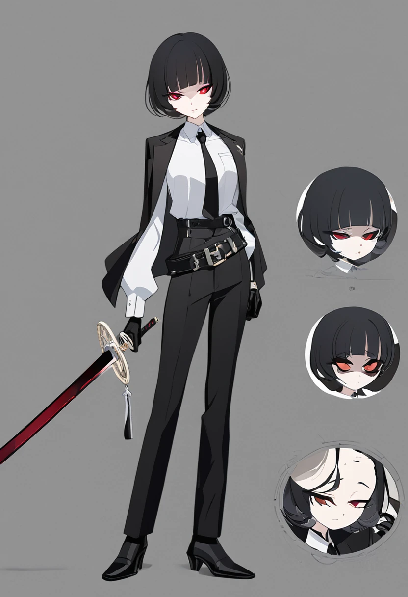 One woman,Dynamic,whole body,Are standing,mysterious,Concept Art,Character Design,Jet black straight hair,The bangs are trimmed to accentuate the eyes.,Well-proportioned face,Sharp Eyes,White shirt,Black tie,Black slacks,Silver cufflinks on the left hand,On the ring finger of her right hand she wears a simple silver ring.。Luxury watches,Black leather shoes,beltでウエストラインを強調,Stylish,Red eyes,belt,Stylish,Simple background gray,Details,Okabo Hair,Half-open eyes,Cool appearance,,Black gloves,Short Hair,Narrow eyes,Accentuated body lines,Has a sword on his waist,