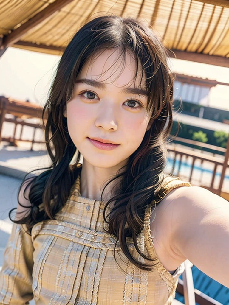 Highest quality, 8K,  ,masterpiece :1.3)), In-person audience,((Whole body 1.2)) ,Beautiful woman, Wide Shot ,One girl, , Selfie   , Black Hair, Brown Hair  , bangs,Highly detailed face, Highly detailed lips, Fine grain, double eyelid