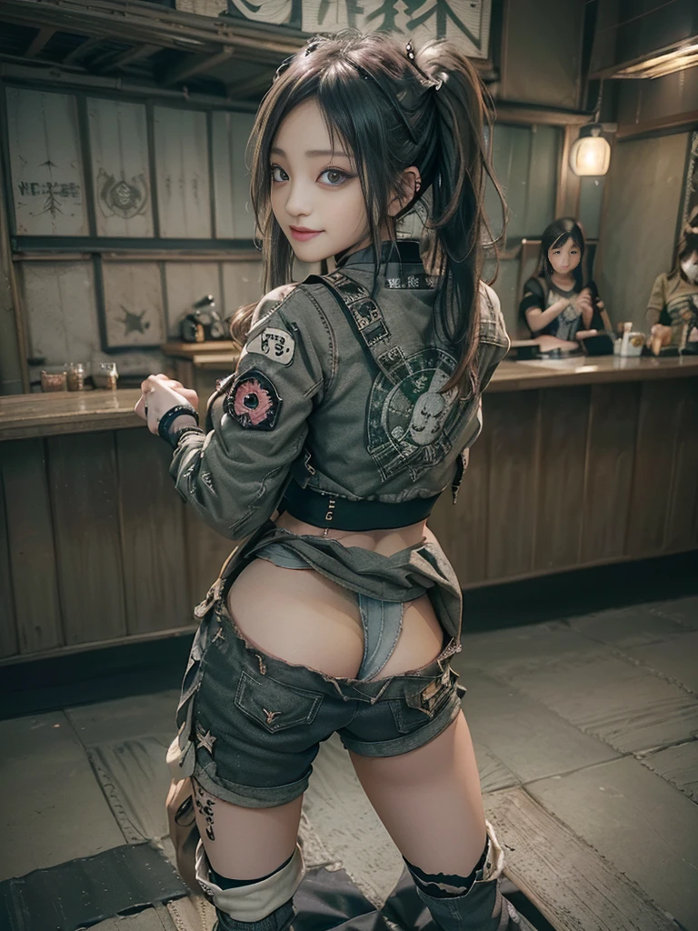 (Full Body View:1.3)、(Back view:1.4)、(Hostess:1.3)、(Smiling with teeth showing:1.3),(Shibuya Gal:1.5)、(y2k woman:1.4)、(ta Fashion:1.5)、(Punk RockVisual Kei:1.4)、(A modern short jacket in dark grey and moss green.:1.5)、(Tattered brown and charcoal denim low rise cargo pants:1.5)、(Mustard Yellow Headband:1.3)、(Charcoal and khaki striped knee socks:1.4)、collar、(Brown platform long boots)、(Clothing with logo pattern:1.4)、20-year-old、(Doing an aerobics pose:1.3)、NSFW,((Highest quality、In 8K、masterpiece:1.3))、Sharp focus:1.2、(Layered Cut、Huge boobs:1.1),Beautiful woman with perfect figure:1.4、(Dancing vigorously:1.3)、(Open legs:1.3)、(Raise your arms:1.2)、(Open your crotch:1.3)、Slender Abs:1.2、Butt、Highly detailed face and skin texture、Detailed eyes、double eyelid,(Twin tails:1.3)、(Cream colored hair:1.3)、Dynamic Pose、Obscene pose、Humiliating pose、Gravure idol、(Luxurious amusement park at night:1.3)、(Make your legs thinner:1.4)、(Slim body:1.3)、(clavicle:1.1)