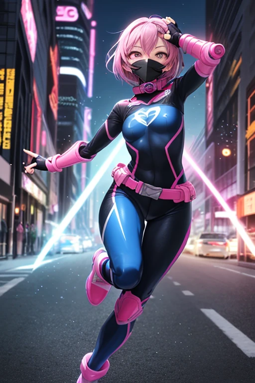 ((best quality)), ((masterpiece)), (detailed), 1 girl, full body, 20s, masked, black mask covering her entire head, smooth head, biker helmet, blue ears on her helmet, short pink hair coming out of her helmet, 1 small crest on her head, oxygen mask, gas mask, bare face, black collar, tall, slim, athletic, circles on her wrists, pink details, black fingerless gloves, pink wristbands, nanotech speedster suit that resembles light armor, blue chest with an emblem, blue chest, black bodysuit, pink lines, pink speed emblem on her chest, pink emblem, blue pants, gray knee pads, metallic pink boots, white superhero belt, running through the city, pink light trail, laser, city background, anime