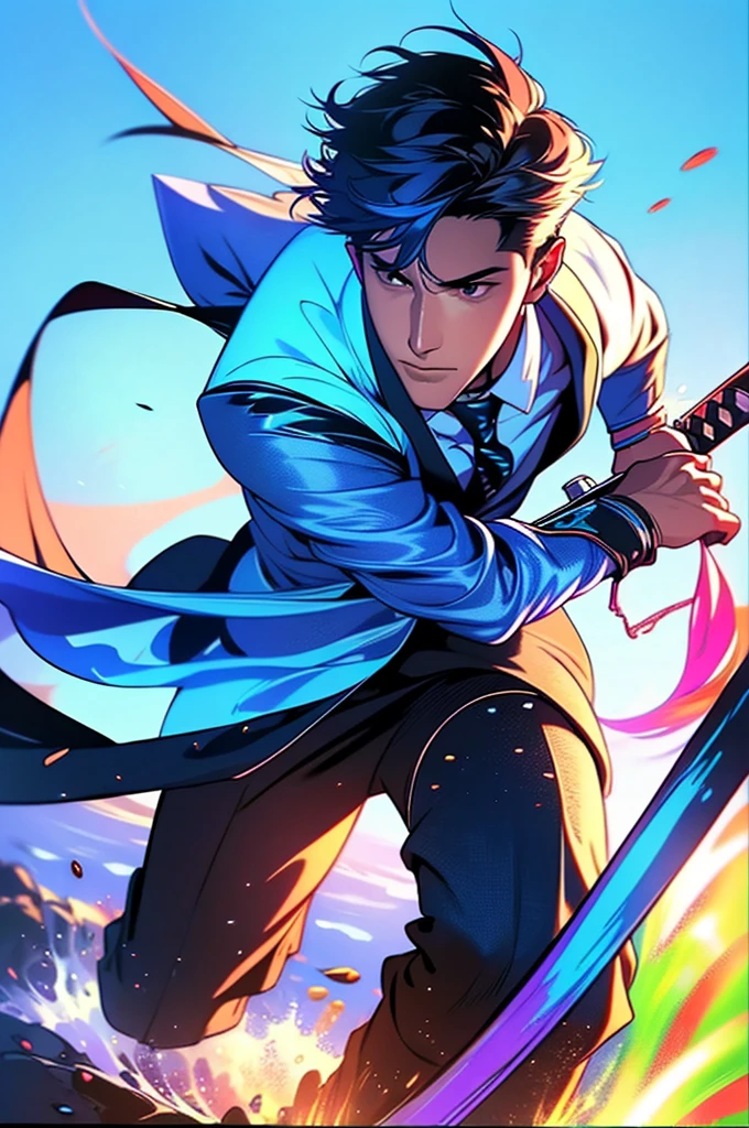 20 years old man wearing a suit jacket, holding sword, highres,sharp focus,(ultra detailed,extremely detailed),(photorealistic artwork:1.37),(extremely detailed CG unity 8k wallpaper),(((vibrant colors,vibrant theme))),(intricate),(masterpiece),(best quality), light blue background