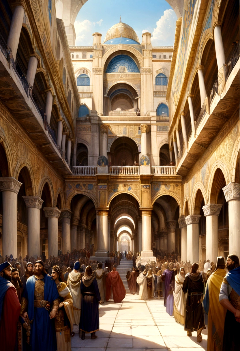 (best quality:1.2), (Realistic:1.5) city plazza, (majestic byzantine empire inspired architecture), crowded, fountain in the middle of the plazza