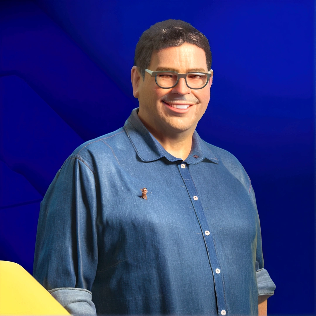Cartoon character of a man in black glasses and blue denim shirt, an animated character, stylized character, animation style rendering, 3d stylized, Arnold Maya rendering, Stylized 3D rendering, toon render screenshot, 3d character, 3d character, Stylized 3D rendering, 3D character rendering, cartoon character, Personagem de close up, character posing, (Pixar-style) (master part:1.2) (bokeh) (best qualityer) (skin detailed) (detailed texture) (8K) (Argilla) (cinematic lighting) (sharp focus，Sit down and lift your upper body