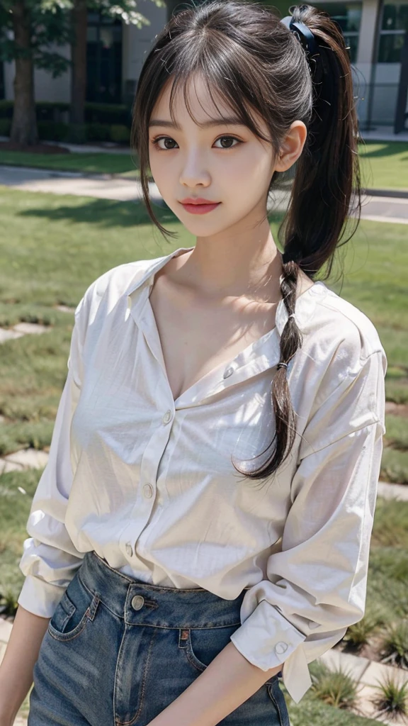 White collared shirt,jeans,Park,On the lawn,Close up face,One woman,masutepiece, The highest image quality, High quality, the background is clear,Beautiful woman, Japanese,Ultra-detailed, finely detail, hight resolution, 8K Wallpaper, Perfect dynamic composition, Beautiful detailed eyes , Detailed, Detailed eyes, Detailed skin, Beautiful skin, 超hight resolution, (reality: 1.4),Very beautiful woman, Slightly younger face, Beautiful skin, slender, (Ultra photo realsisim), (hight resolution), (8K), (Very detailed) (beautifully detailed eyes), (super detailed), (Detailed face), view the viewer, Fine details, Detailed face, Staring straight ahead, Staring straight ahead, photos realistic, Bright lighting, Professional Lighting, Black hair,poneyTail,a baby face,fourteen years old,Hairstyle: ponytail,Long ponytail hairstyle,slight smile,neat and tidy clothing,Beautiful Japanese KPOP idol photo, hair style is ponytail, my eyes are double and wide, baby face, smile and look straight ahead, slender, small breasts,Close up face,