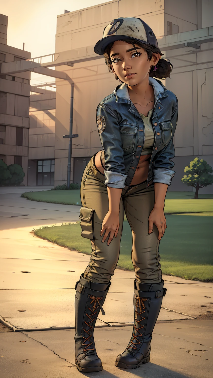 ((masterpiece, best quality)),(complex lighting) ,solo,(((1girl))) ,clementine, light skin,light-skinned female, baseball cap, green cargo pants, brown eyes, tight pants, combat boots, shirt, short hair, one short ponytail, open denim jacket, huge butt, thicc butt , (((8k))), (((full body))), (((bent over))), (((looking at the viewer))), (((view from in front of her))), big breasts