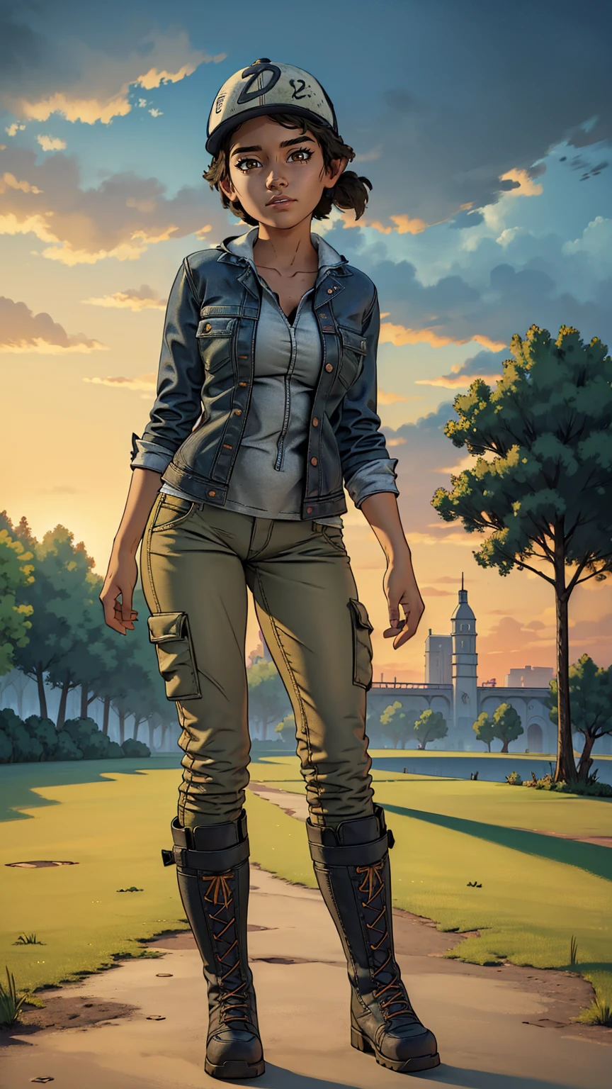 ((masterpiece, best quality)),(complex lighting) ,solo,(((1girl))) ,clementine, light skin,light-skinned female, baseball cap, green cargo pants, brown eyes, tight pants, combat boots, shirt, short hair, one short ponytail, open denim jacket, huge butt, thicc butt , (((8k))), (((full body))), (((bent over))), (((looking at the viewer))), (((view from in front of her))), big breasts