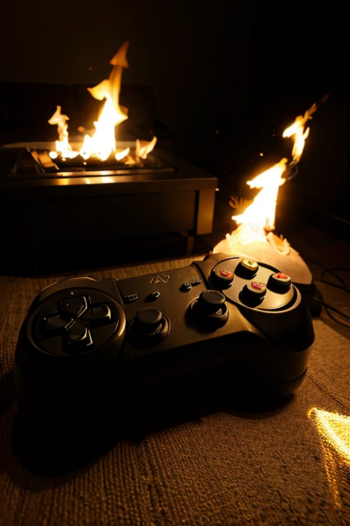 console controller covered in fire