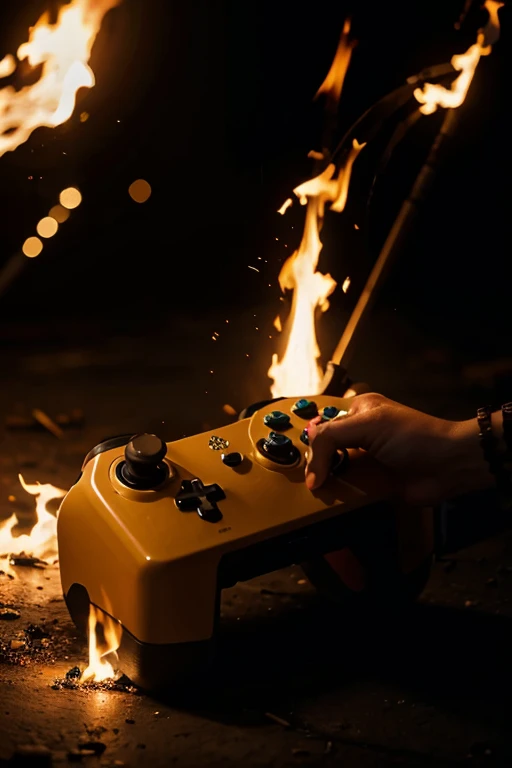 console controller covered in fire