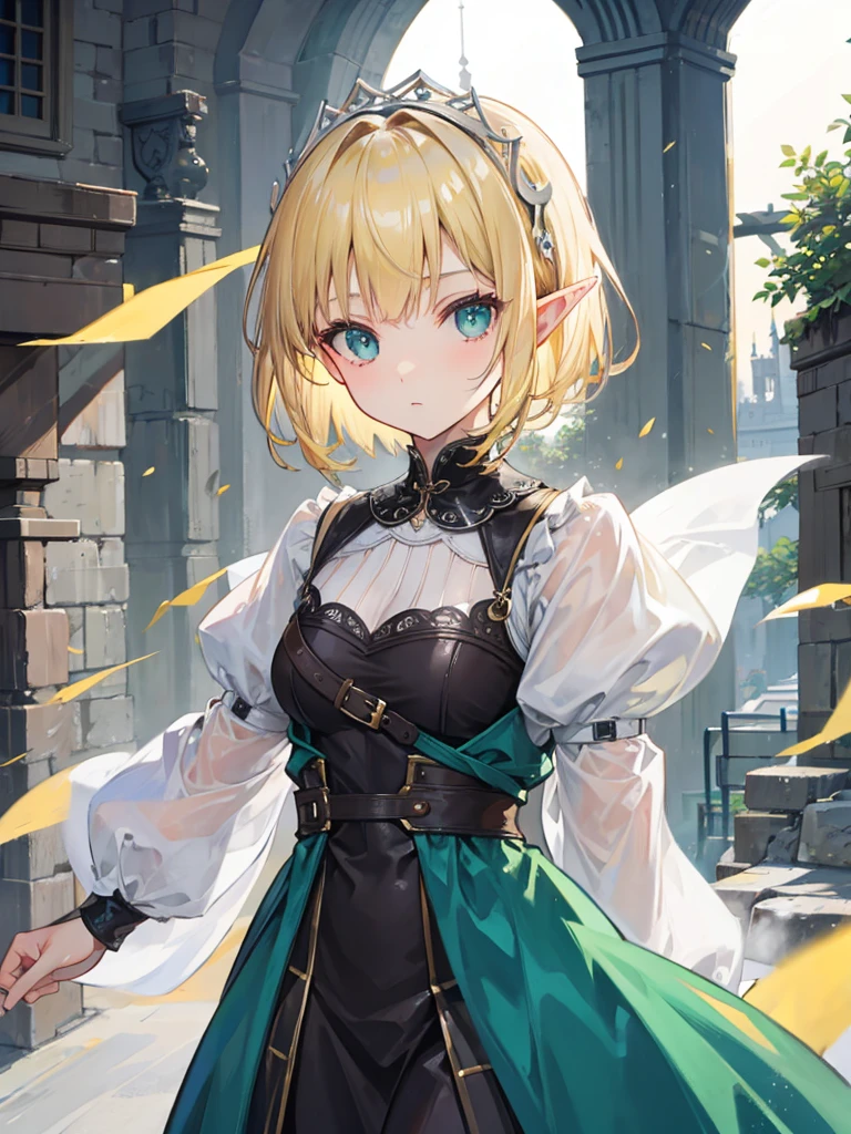 A woman elf with fair skin and short blonde hair. She have green eyes and wear the clothes of a medieval noblewoman. Color black.