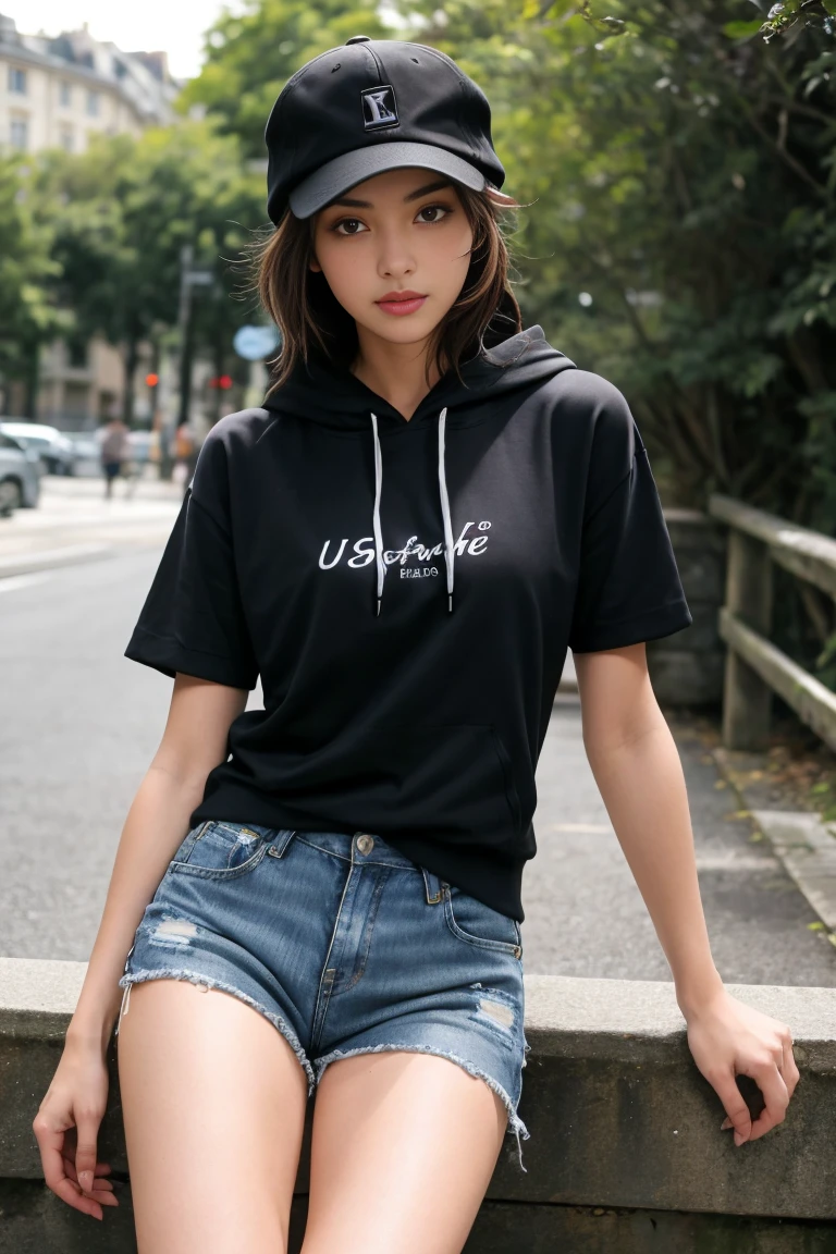 (best quality,realistic,ultra-detailed),a sexy and slim 18-year-old French brunette woman in black short sleeve hoodie, visible leg,sur un banc,short en jean,casquette