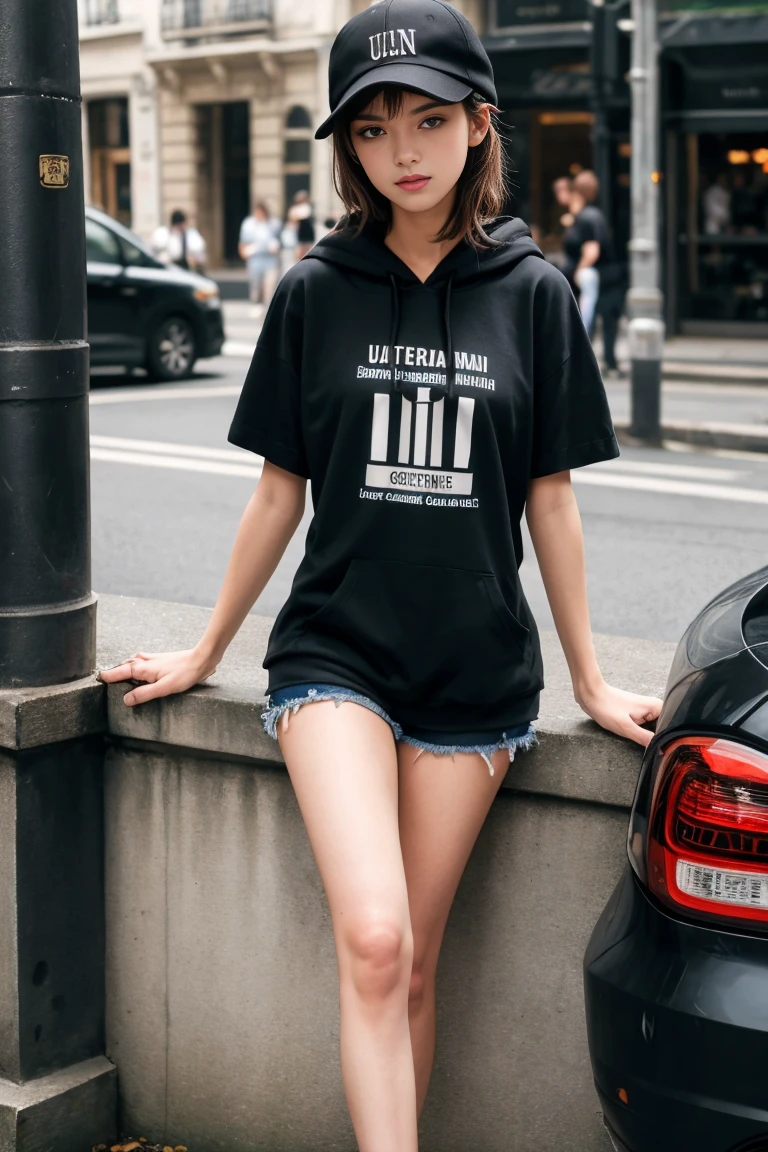 (best quality,realistic,ultra-detailed),a sexy and slim 18-year-old French brunette woman in black short sleeve hoodie, visible leg,sur un banc,short en jean,casquette