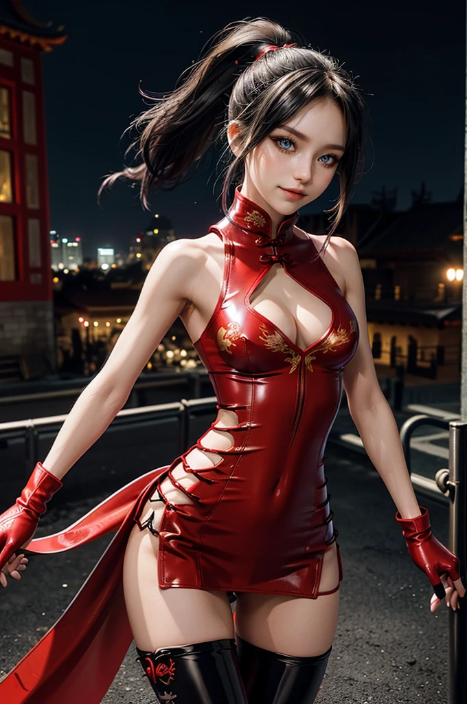(RAW photo, best quality), Cute girl with short black hair, (ponytail), (city roof at night background), low light , dark eyeliner, cute smile, gorgeous face , super cute, 18 years old , young looking, hyper detailed face, dark eyeliner, (medium breast), (thin waist, super slender), (bare shoulders, (exposed hips), skintight and red PVC qipao china dress with yellow dragon decoration and vivid patterns, deep black leather thigh high boots, ((red PVC fingerless gloves)), cleavage, ((both hands on waist)), one leg in front of the other, (((small navel exposure))), (thigh belt)