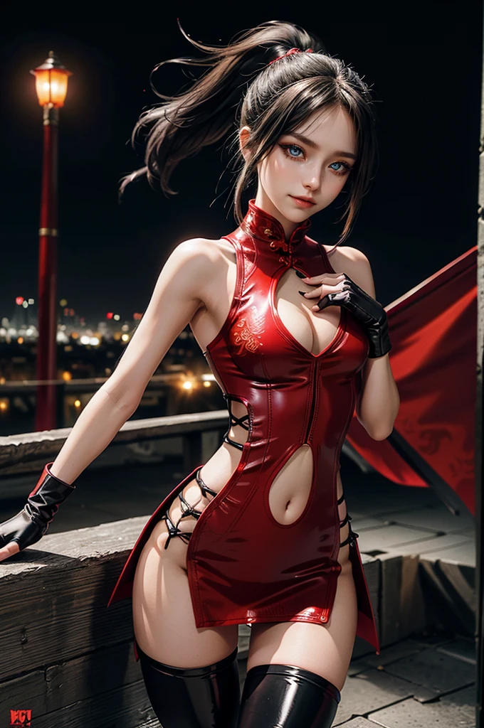 (RAW photo, best quality), Cute girl with short black hair, (ponytail), (city roof at night background), low light , dark eyeliner, cute smile, gorgeous face , super cute, 18 years old , young looking, hyper detailed face, dark eyeliner, (medium breast), (thin waist, super slender), (bare shoulders, (exposed hips), skintight and red PVC qipao china dress with yellow dragon decoration and vivid patterns, deep black leather thigh high boots, ((red PVC fingerless gloves)), cleavage, ((both hands on waist)), one leg in front of the other, (((small navel exposure))), (thigh belt)