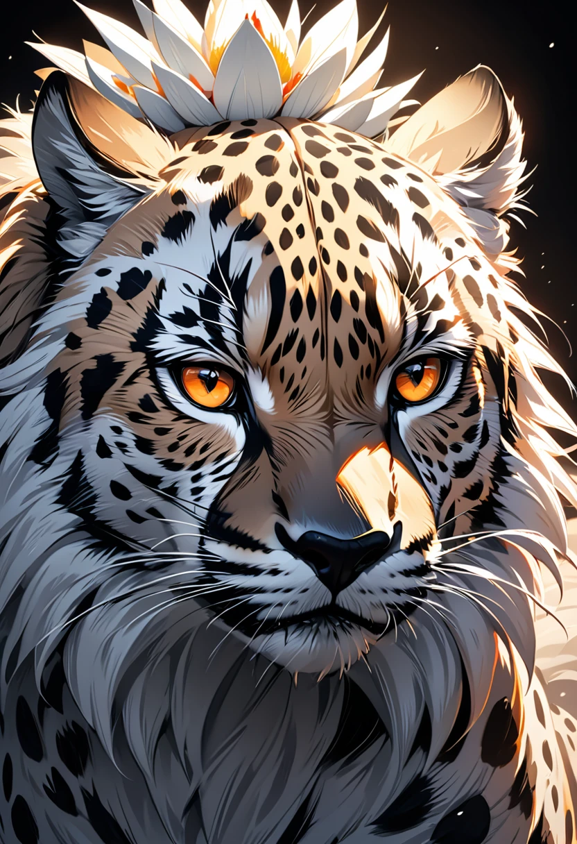 Flourishing cactus，1 cheetah in the desert, Deep orange eyes, black and white, black background, (best quality,4K,8K,high resolution,masterpiece:1.2),Extremely detailed,(Practical,photoPractical,photo-Practical:1.37),Highly detailed animal portraits, Dramatic Lighting, Powerful predator, Intense expression, Fascinating eyes, Smooth spotted fur, muscular, Low angle shot, Close-up view, Minimalist composition, High contrast

