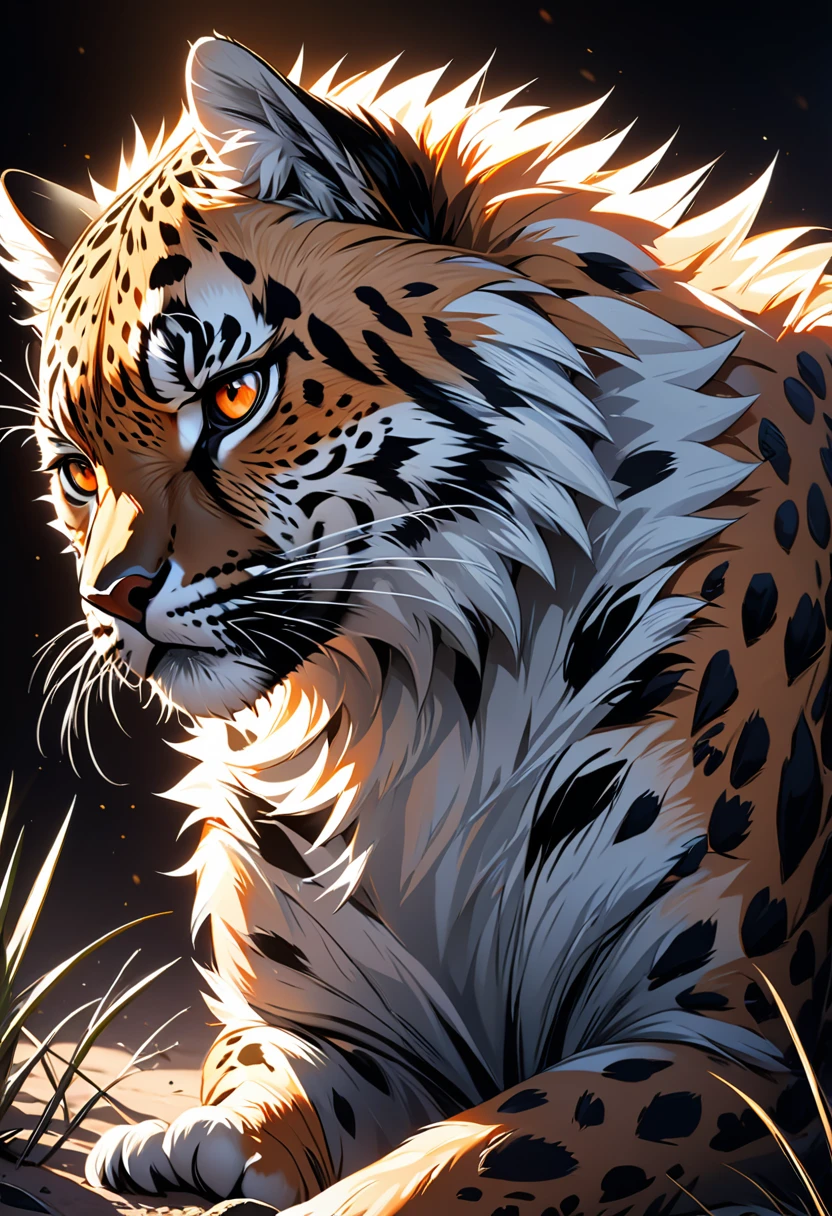 Flourishing cactus，1 cheetah in the desert, Deep orange eyes, black and white, black background, (best quality,4K,8K,high resolution,masterpiece:1.2),Extremely detailed,(Practical,photoPractical,photo-Practical:1.37),Highly detailed animal portraits, Dramatic Lighting, Powerful predator, Intense expression, Fascinating eyes, Smooth spotted fur, muscular, Low angle shot, Close-up view, Minimalist composition, High contrast
