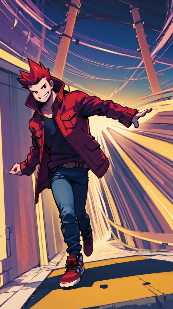 Bad boy, low angle, purple pompadour, red jacket and jeans, looking at camera, smiling, Tokyo city,Pocket Hand、solo